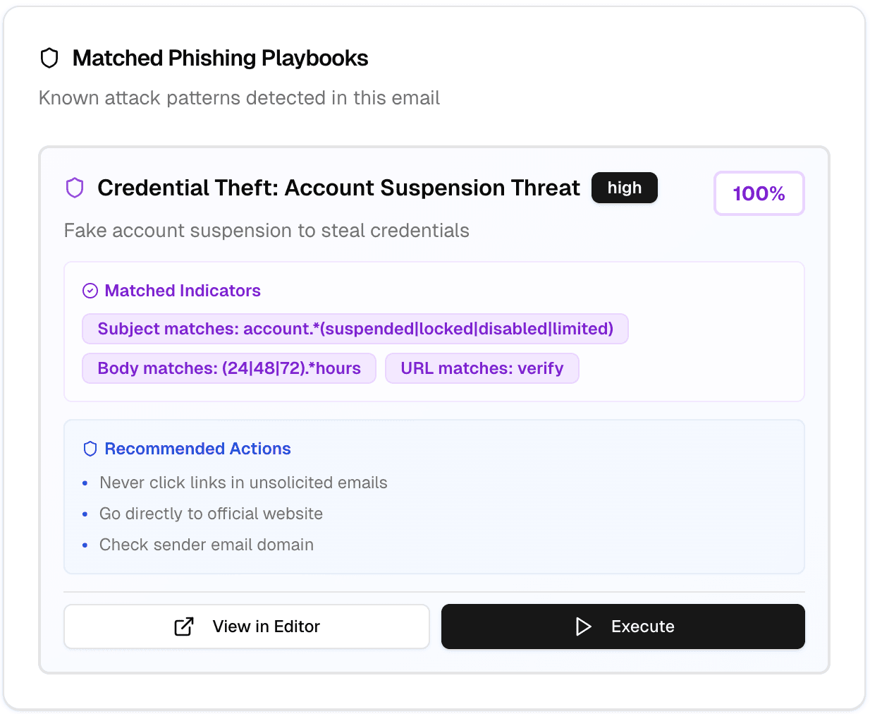 Matched playbooks showing threat pattern recognition